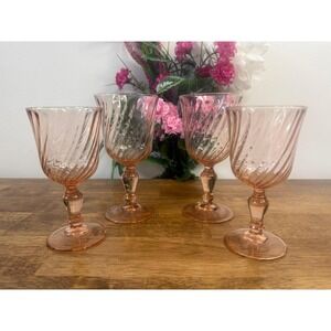 Vintage Arcoroc Rosaline Pink Swirl Stemmed Wine Glasses Set‎ of 4 France